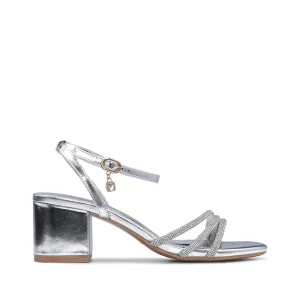 Sandalia de tacón medio para mujer color plata metalizada